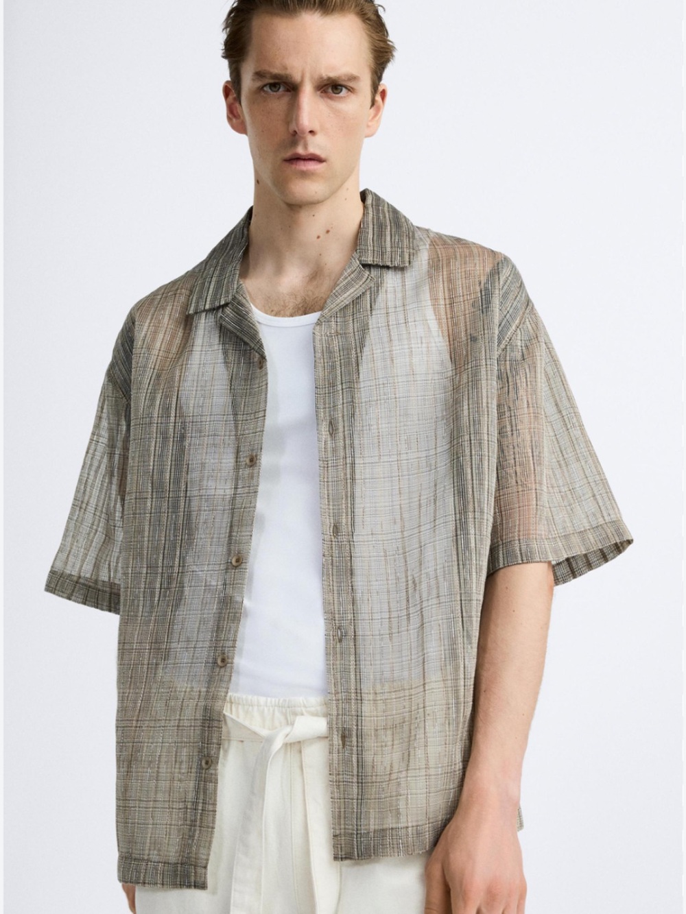 Zara Men's Short-Sleeve Lightweight Plaid Shirt Jacket